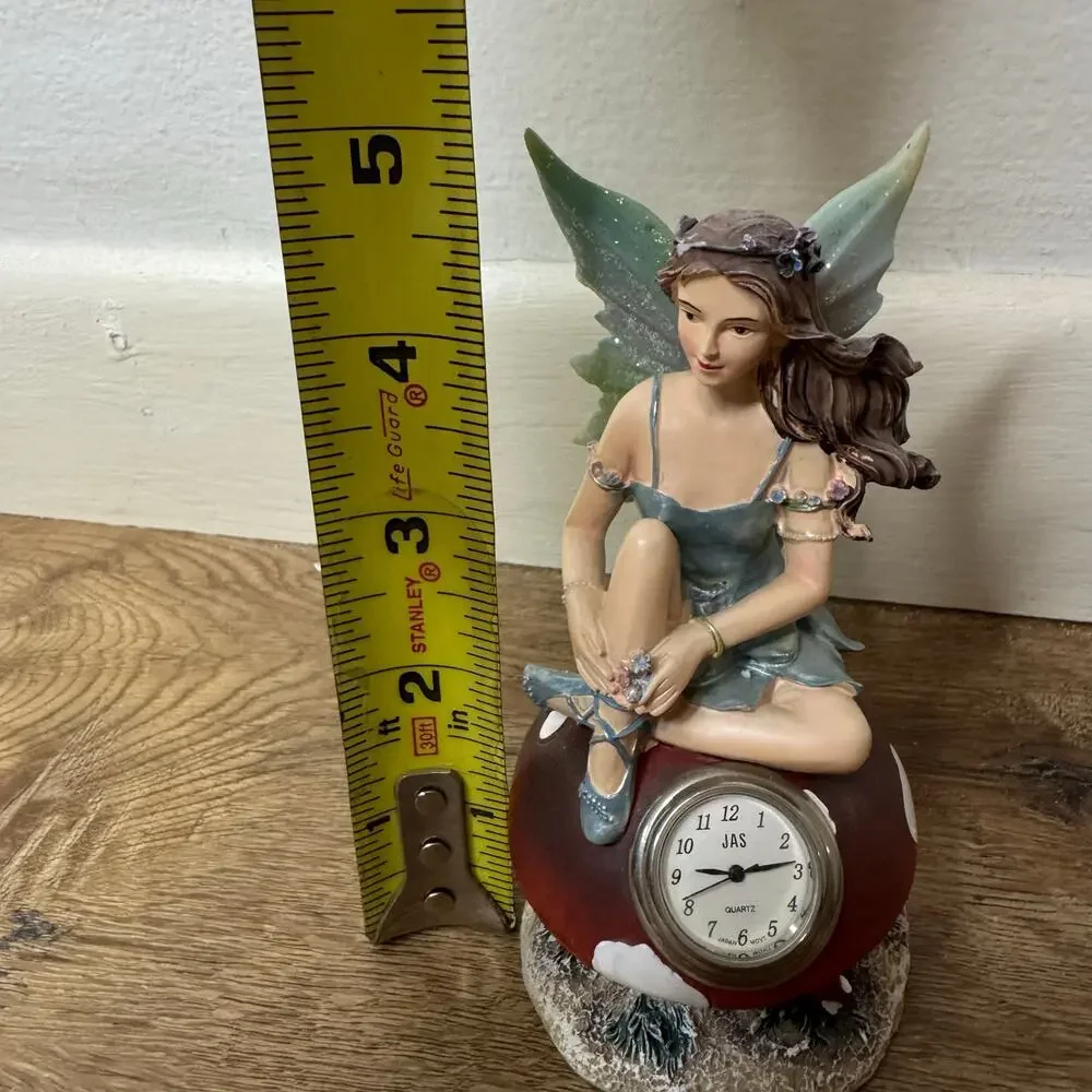 Vintage Miniature Desk Clock Quartz Japan Fairy Sitting on Mushroom Angel Cute